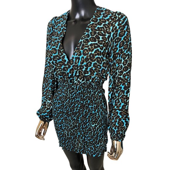 AFRM Blue Leopard Print Mini Dress Smocked Waist Long Sleeve Size SP Revolve - Picture 6 of 12